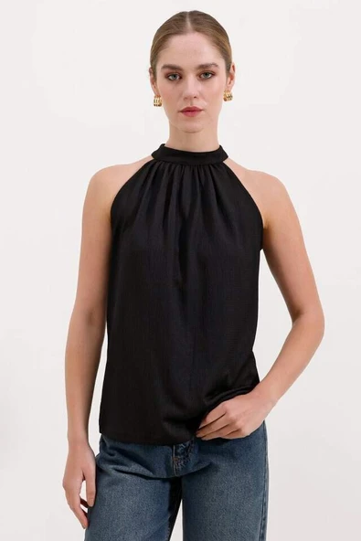 0489 Halter Yaka Örme Bluz - Siyah - 1