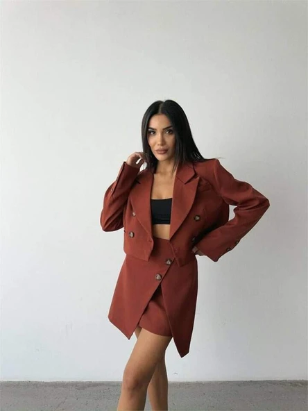 DÜĞME DETAYLI ETEK - CROP CEKET TAKIM - Kiremit - 1