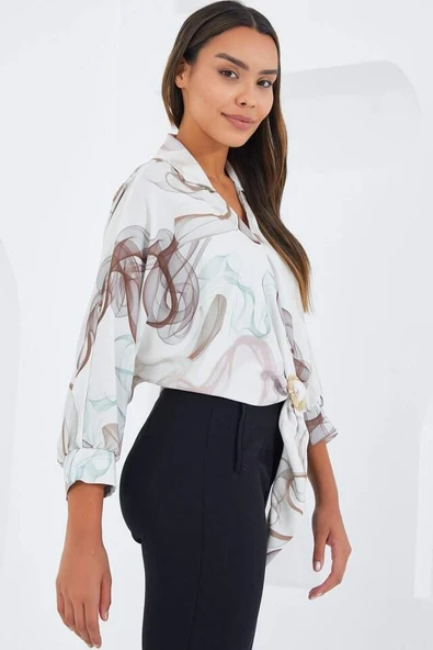 Oversize Dökümlü Crop Saten Gömlek 906 - Kahverengi - 2