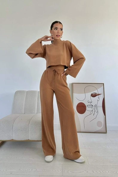 Camel Fitilli Bluz Ve Pantolon Takım - 1