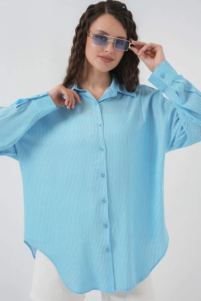 Çizgili Oversize Gömlek 20295 - Mavi - 3