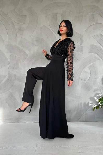 Siyah Kolları Tül Etekli Tulum - Resim 3