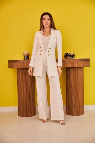 Ekru Blazer Düğmeli Ceket - 2
