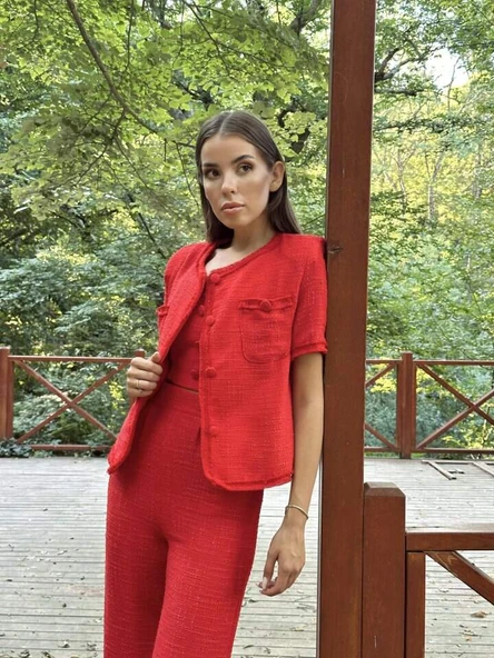 Kırmızı Askılı Büstiyer Ceket Ve Pantolon Takım - 3
