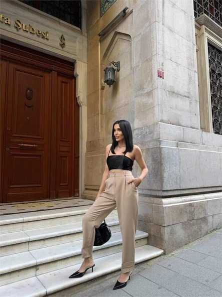 PAÇASI CIRTLI PANTOLON - Bej
