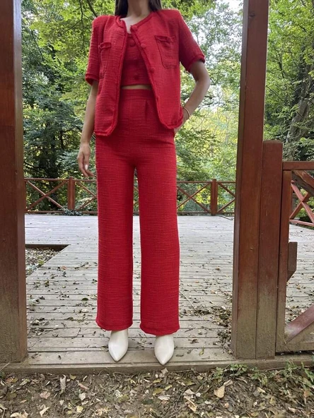 Kırmızı Askılı Büstiyer Ceket Ve Pantolon Takım - 4