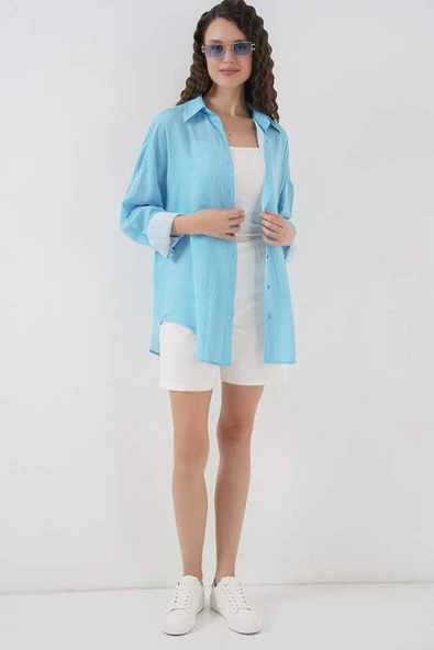 Çizgili Oversize Gömlek 20295 - Mavi - 2