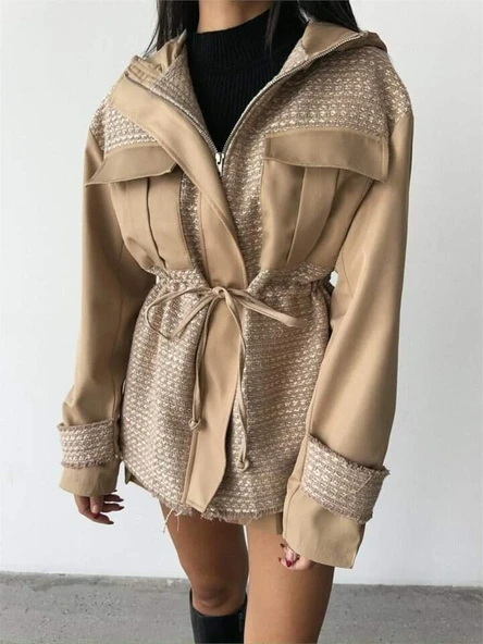 CHANEL -TRENCH  GARNİLİ KAPİŞONLU BELDEN BÜZGÜLÜ MONT - Bej - 3
