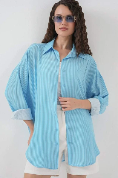 Çizgili Oversize Gömlek 20295 - Mavi - 4