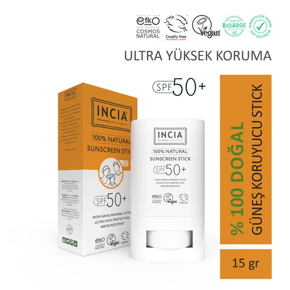 INCIA 100% Doğal Güneş Koruyucu Sun Stick Mineral Filtreli Hassas Cilt Bitkisel UVA UVB SPF50+ 15 gr