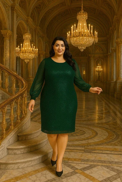 Büyük Beden Mini Payet Yeşil Abiye Elbise KL3113