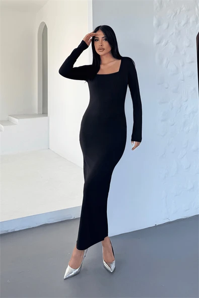 Jarse Kumaş Kare Yaka Kalem Elbise - SİYAH - 3