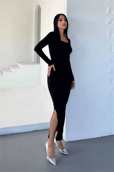 Jarse Kumaş Kare Yaka Kalem Elbise - SİYAH - 4