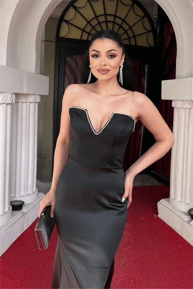 Saten Kumaş Taş Detaylı Straplez Abiye Elbise - SİYAH - Resim 3