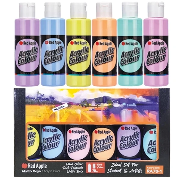 Red Apple 6 x 70 ml Akrilik Boya Pastel Renkler Set 6 Pastel Renk Akrilik Boya Seti