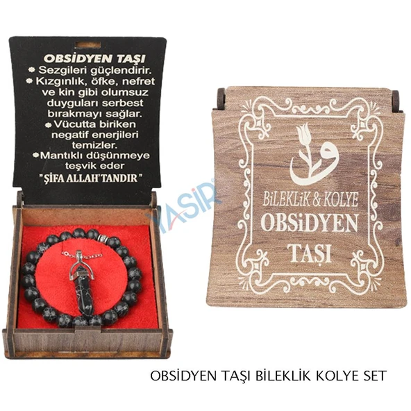 KUTULU KOLYE BİLEKLİK SETİ OBSİDYEN TAŞI