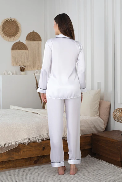 Beyaz Saten Pijama Takımı - 3