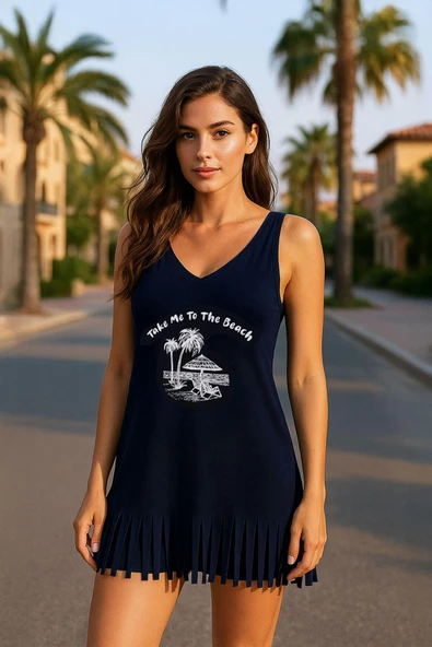 Kadın V Yaka Kolsuz Beach Baskılı Püsküllü İnce Esnek Plaj Elbise ürün görseli 1