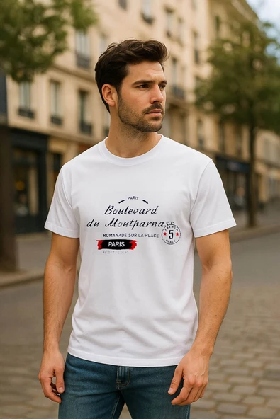 Erkek Bisiklet Yaka Baskılı Siyah T-shirt - 7