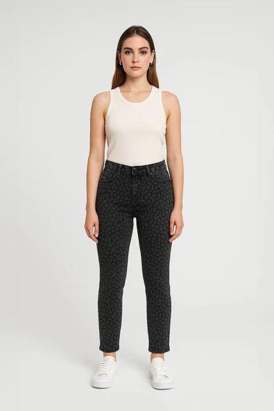 Kadın Slim Fit Normal Bel Desenli Likralı Gri Jean Pantolon