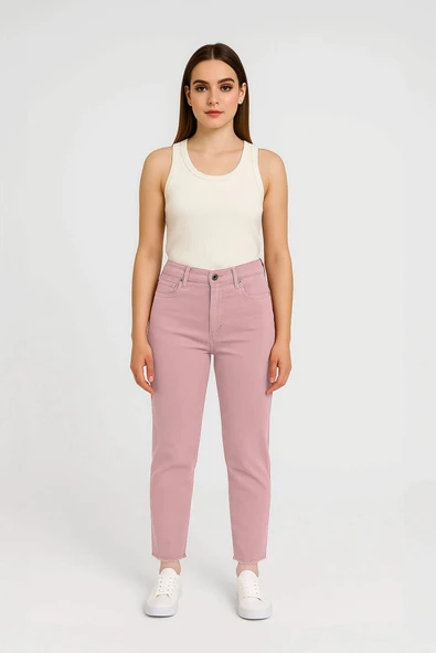 Kadın Paçası Püskül Detaylı Jean Pantolon Pembe - 2