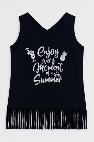 Kadın V Yaka Kolsuz Enjoy Baskılı Püsküllü İnce Esnek Plaj Elbise ürün görseli 1