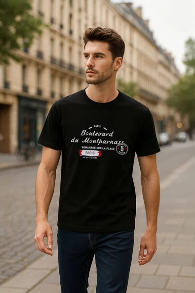 Erkek Bisiklet Yaka Baskılı Siyah T-shirt - 9