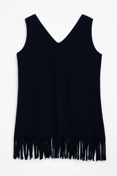 Kadın V Yaka Kolsuz Beach Baskılı Püsküllü İnce Esnek Plaj Elbise - Resim 3