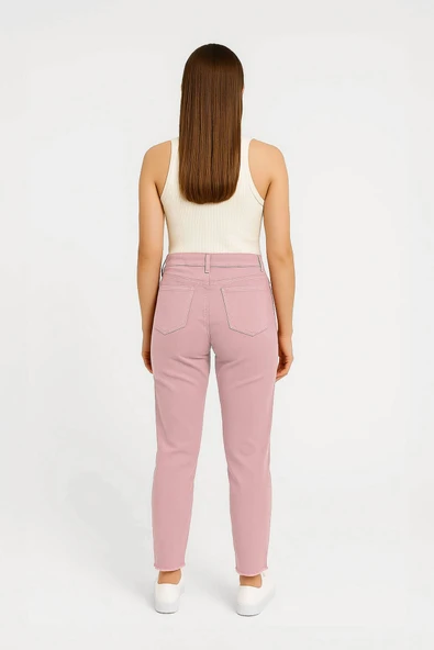 Kadın Paçası Püskül Detaylı Jean Pantolon Pembe