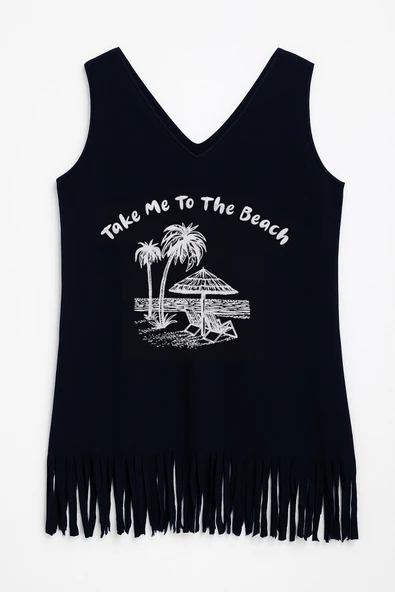 Kadın V Yaka Kolsuz Beach Baskılı Püsküllü İnce Esnek Plaj Elbise - Resim 2