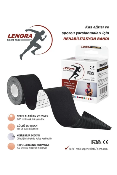 LENORA Kinesiology Ağrı Bandı Siyah 5 Metre X 5 Cm Sporcu Bandı
