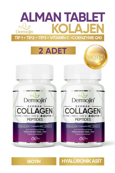 DERMOJİN 2 Kutu - Biotin, Coenzyme Q10, Hyaluronic Acid, C Vitamini Içeren %100 Saf Tablet Alman Kolajeni