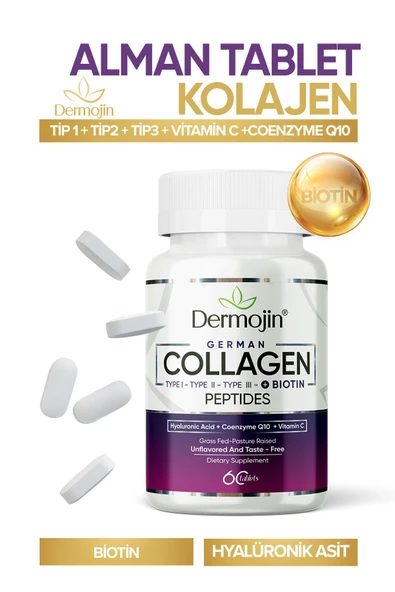 DERMOJİN 30 Günlük Biotin, Coenzyme Q10, Hyaluronic Acid, C Vitamini İçeren %100 Saf Tablet Alman Kolajeni