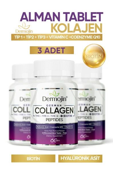 DERMOJİN 3 Kutu - Biotin, Coenzyme Q10, Hyaluronic Acid, C Vitamini İçeren %100 Saf Tablet Alman Kolajeni