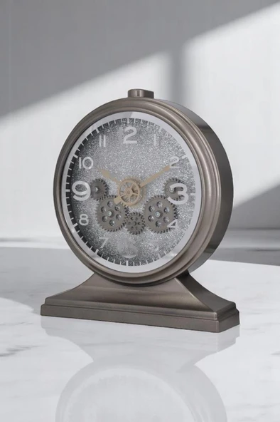 Efe Mark Premium Serisi Modern Kadranlı Döner Çarklı 32x28 CM Ev ve Ofis Masa ve Duvar Saati Roma Rakamlı Harita Baskılı Gri (İçi Simli ) - Resim 4