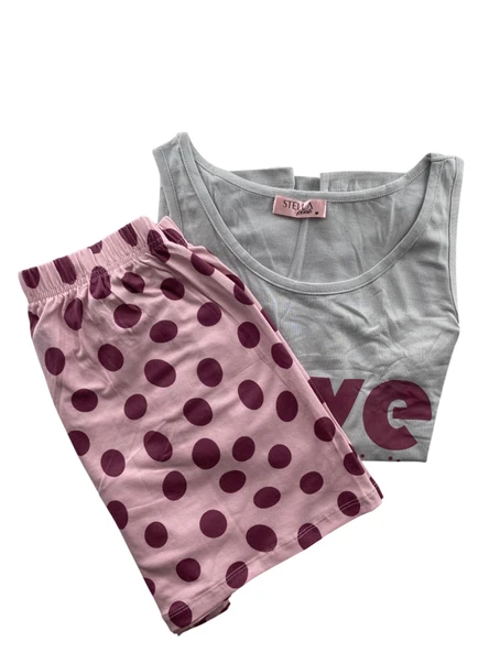 Kadın Puantiye Desenli Kalın Askılı Şortlu Pijama Takım - 5640 - STLLA PNK