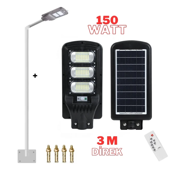 Solar Bahçe Aydınlatması Güneş Enerjili Sokak Lambası 150W + 3m Lamba Direkli