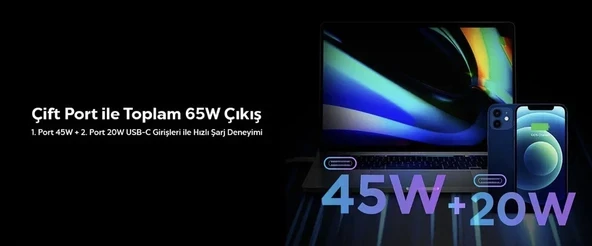 Spigen 65W USB-C 2 Port Yüksek Hızlı Şarj Aleti / Şarj Isısını Düşürür GaN Destekli Akım Korumalı Güç Adaptörü iPhone & Android & iPad & MacBook Type-C - ACH02693 - 3