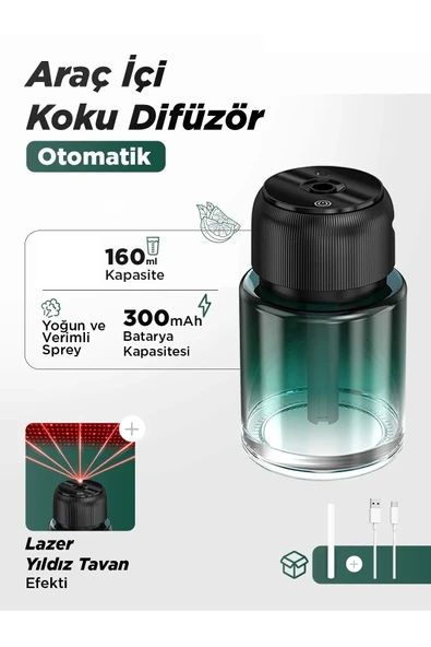 Premium Hava Nemlendirici Kokulu 160ml | Lazer Yıldız Tavan Efektli Otomatik Araç İçi Koku Difüzör