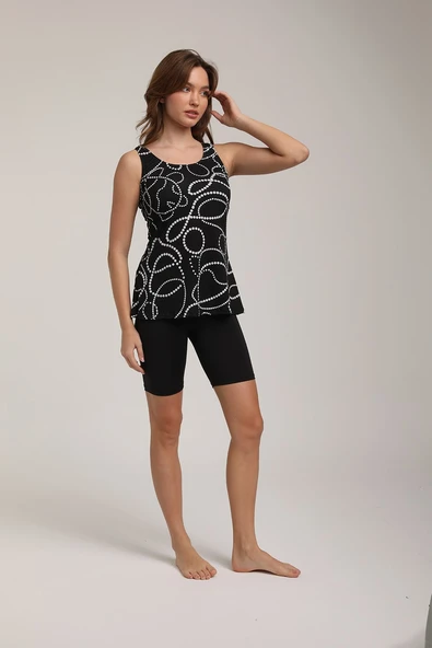 Chelly Kadın Desenli Askılı Taytlı Tankini S 5700 Siyah - 6