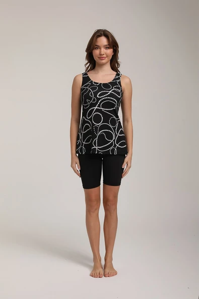 Chelly Kadın Desenli Askılı Taytlı Tankini S 5700 Siyah