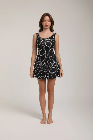 Chelly Kadın Desenli Askılı Şortlu Elbise Mayo S 5710 - 5715 Siyah