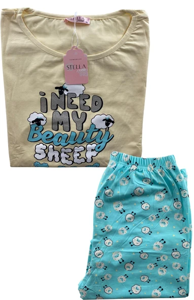 Kadın Battal Koyun Desenli Kısa Kollu Pijama Takım - 5470 - STLLA PNK