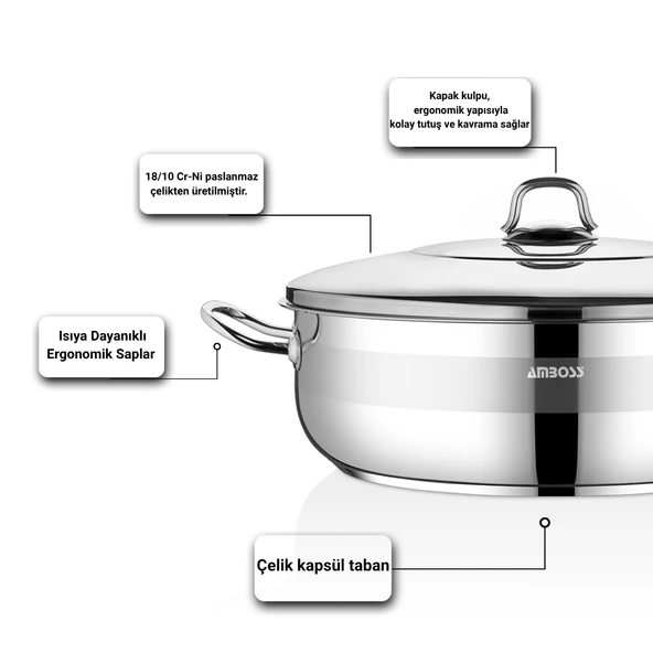 Saphire Paslanmaz Çelik 32 cm Çelik Kapaklı Basık Tencere - Resim 2