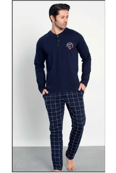 10343 Erkek Penye Uzun Kol Pijama Takımı Lacivert - 1