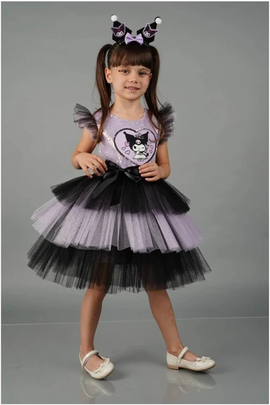 Kuromi Taç Aksesuarlı Baskılı  Kız Elbise 3/4 Yaş - 2