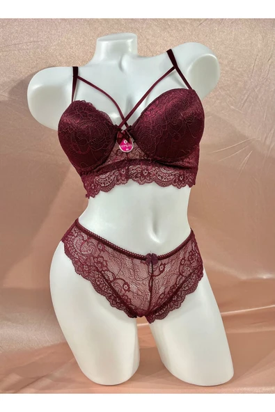 Kadın Dantelli Destekli Bralet Mürdüm Sütyen Takım - 1