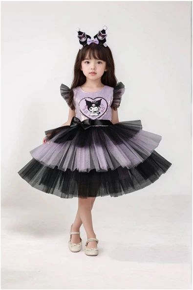 Kuromi Taç Aksesuarlı Baskılı  Kız Elbise 3/4 Yaş