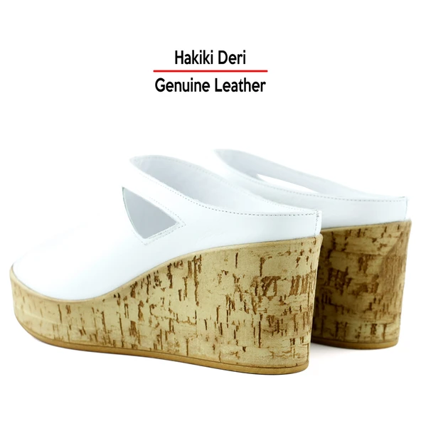 Erkan Saçmacı Drusilla Beyaz Hakiki Deri Kesik Detaylı Mantar Taban Görünümlü Dolgu Topuklu Terlik - 5