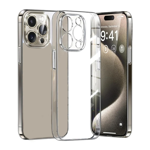 iPhone 15 Pro Max Kılıf Metal Tuşlu Kamera Korumalı Silikon Şeffaf Arka Kapak